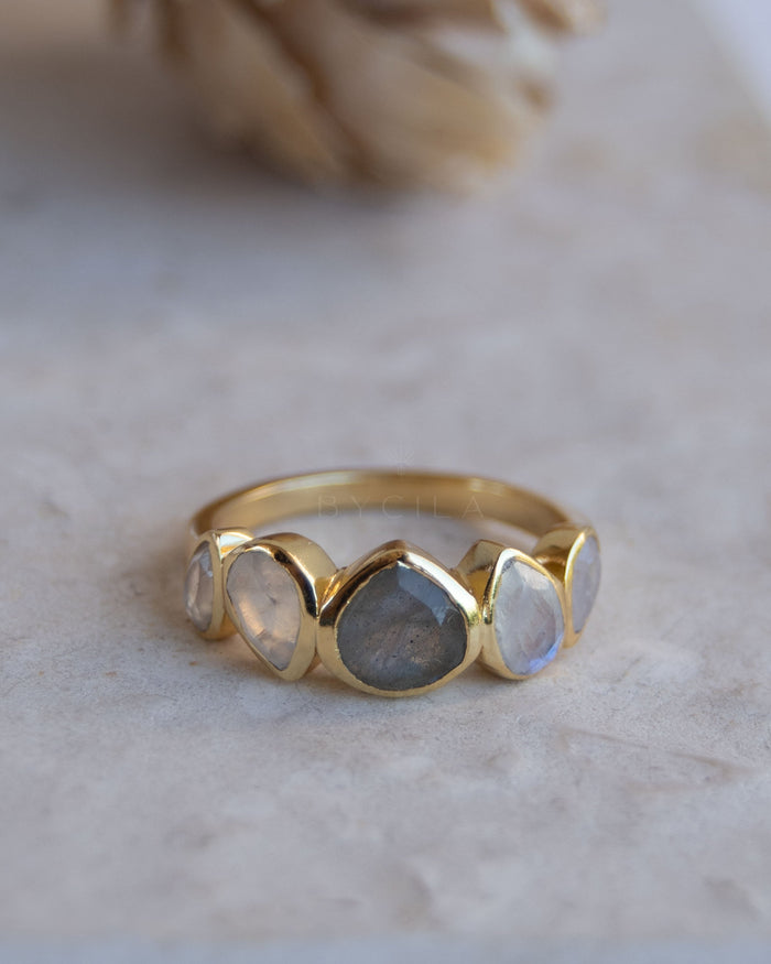Clyne Ring * Labradorite, Moonstone & Rose Quartz * Gold Plated 18k * BJR151