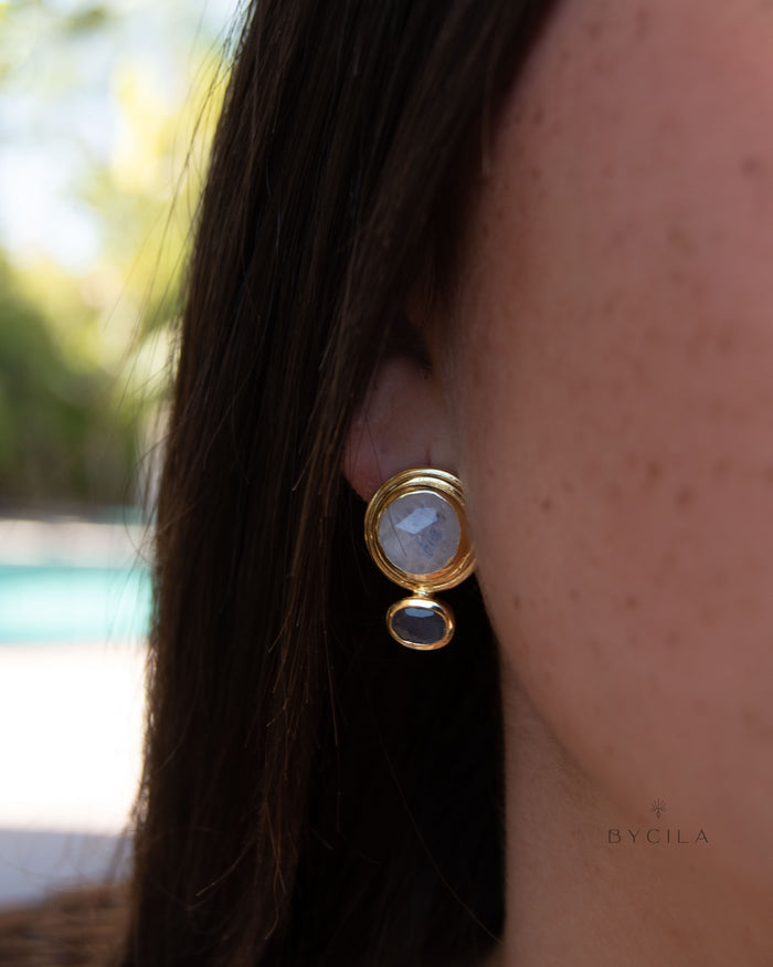 Athena Earrings * Labradorite & Moonstone Post * Gold Plated 18k * BJE165