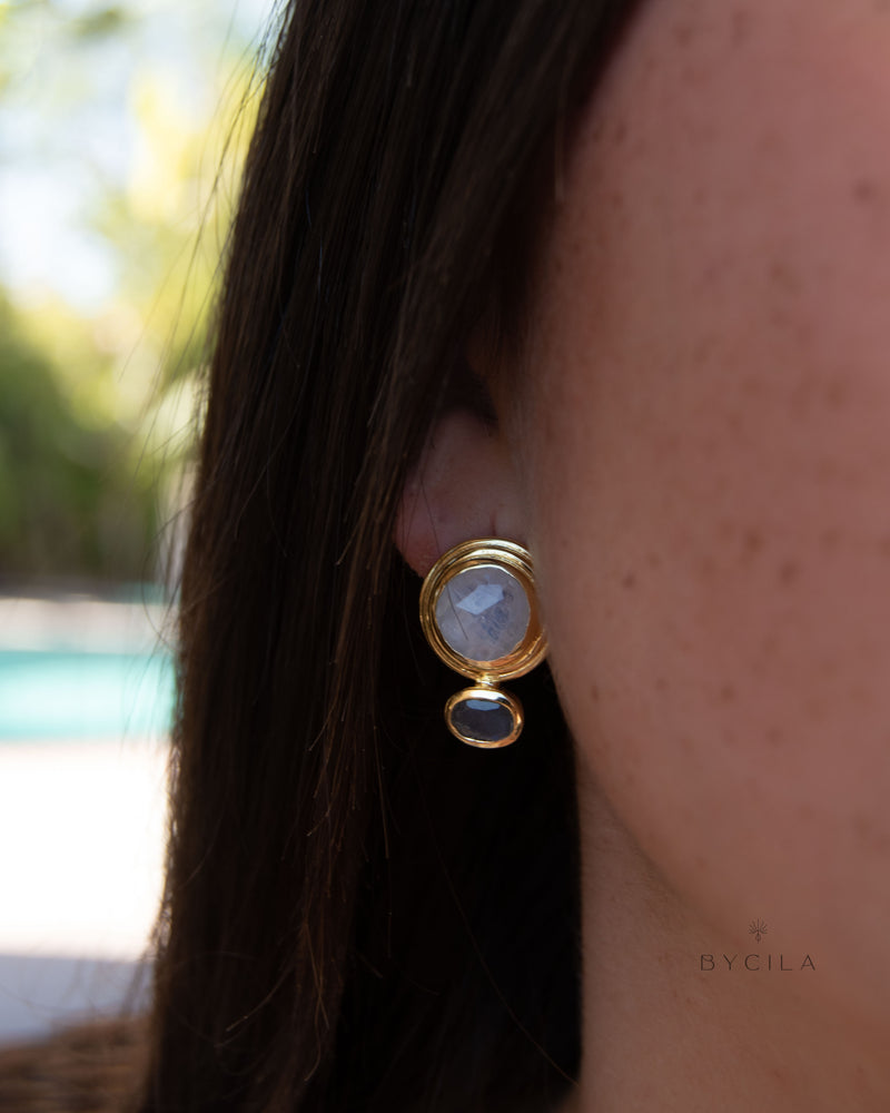 Athena Earrings * Labradorite & Moonstone Post * Gold Plated 18k * BJE165