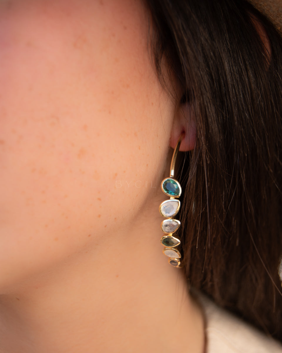 Nati Earrings * Green Tourmaline hydro, Moonstone & Labradorite * Gold Plated 18k * BJE2923