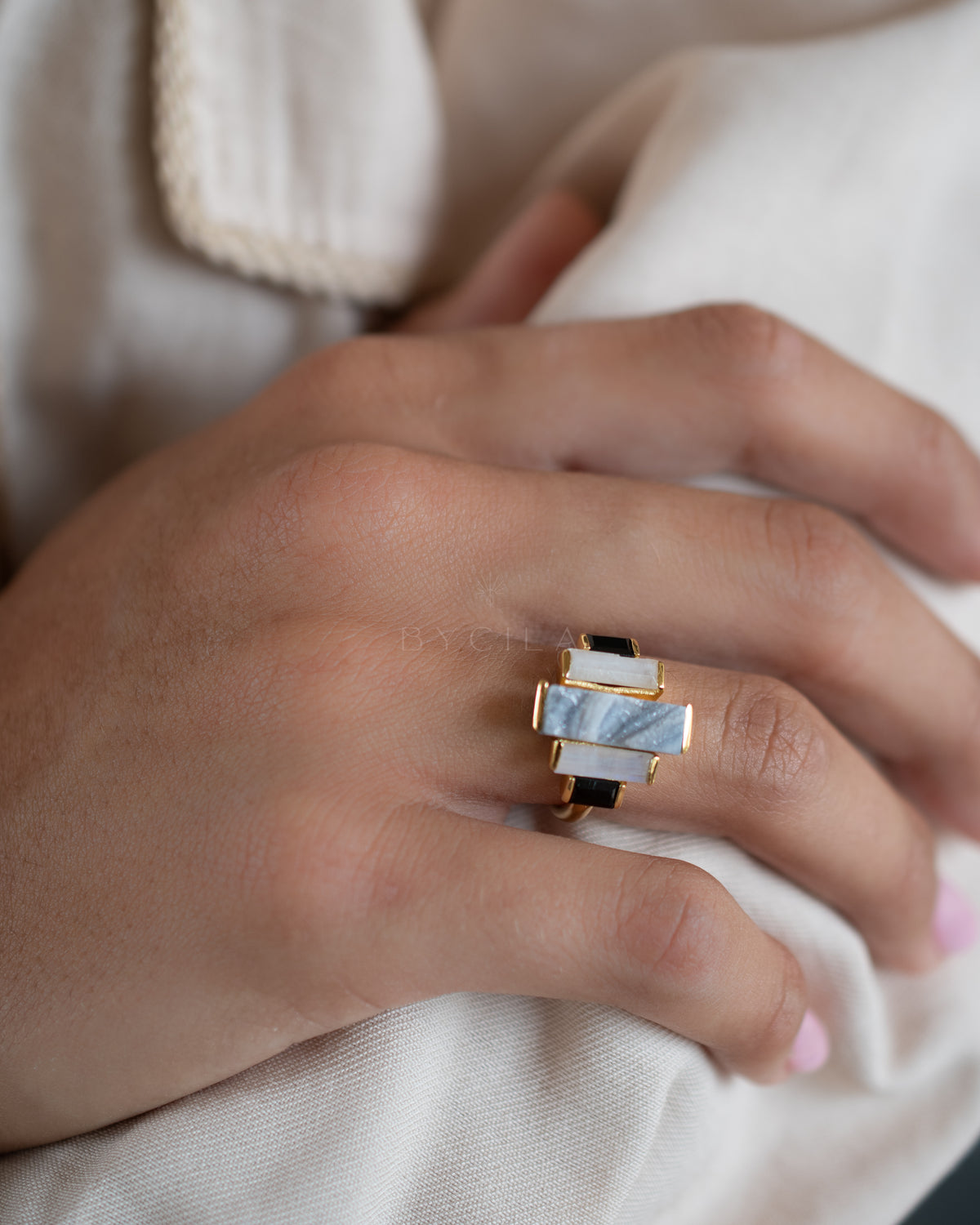 Nady Ring * Druzy, Moonstone & Black Onyx * Gold Plated 18k * BJR099