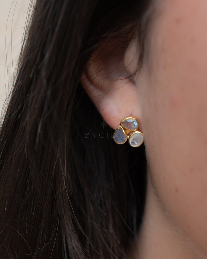 Camille Earrings * Moonstone, Labradorite & Blue Topaz hydro * Gold Plated 18k * BJE309