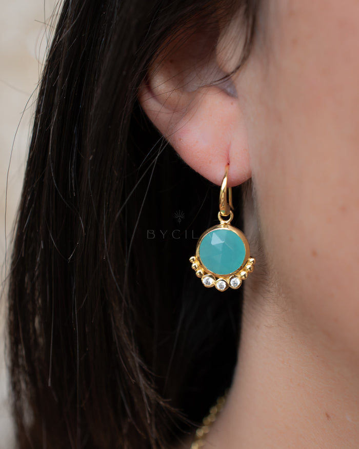 Edil Earrings * Aqua Chalcedony hydro & CZ * Earrings * Gold Plated 18k * BJE242