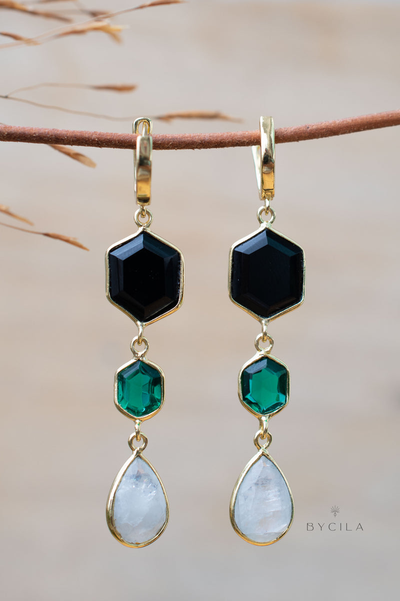 Glaucia Earrings * Black Onyx, Green Tourmaline & Moonstone * Gold Plated 18K * BJE245
