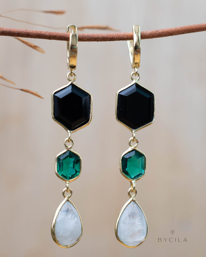 Glaucia Earrings * Black Onyx, Green Tourmaline & Moonstone * Gold Plated 18K * BJE245