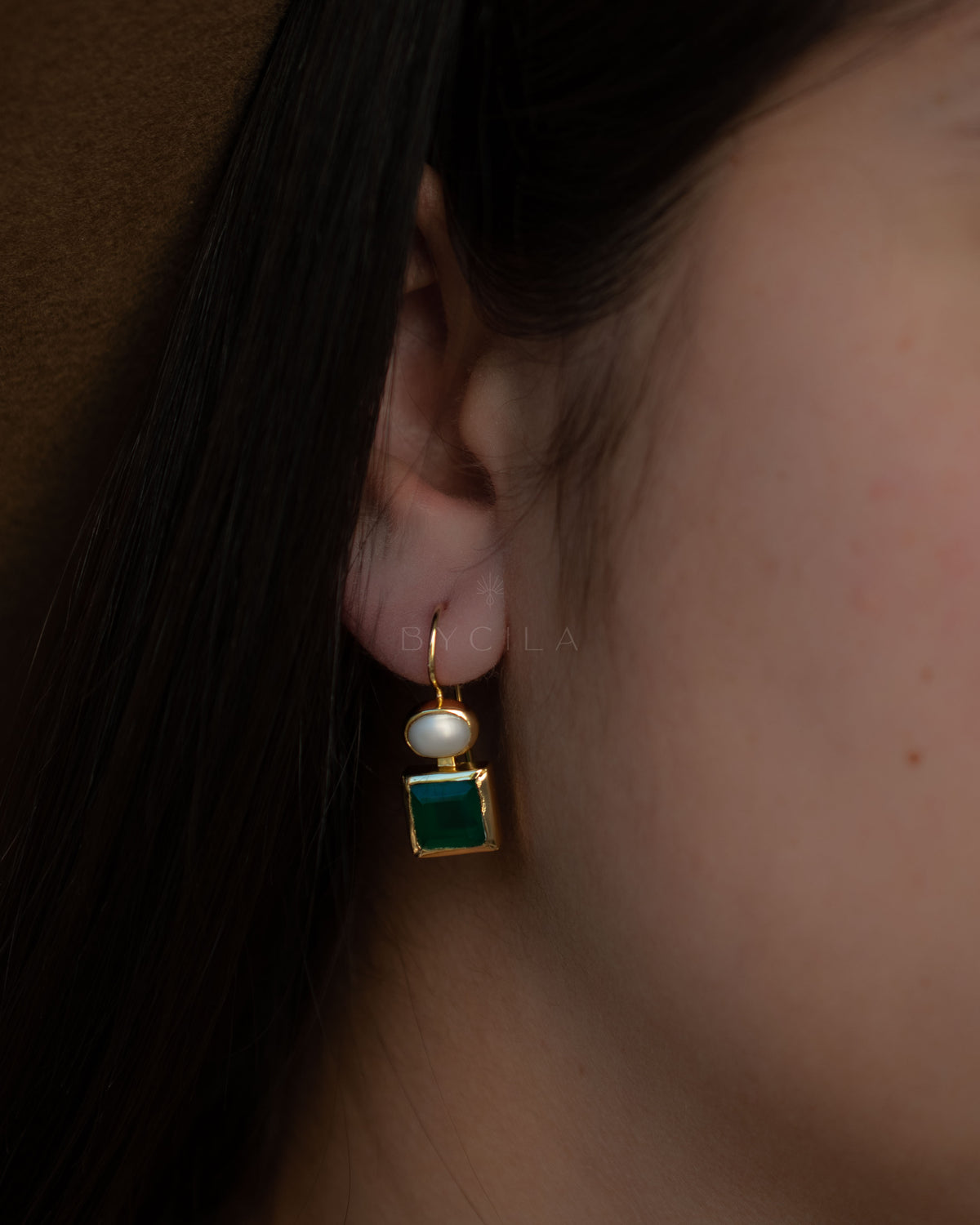 Faby Earrings * Green Onyx & Pearl * Gold Plated 18k * BJE285