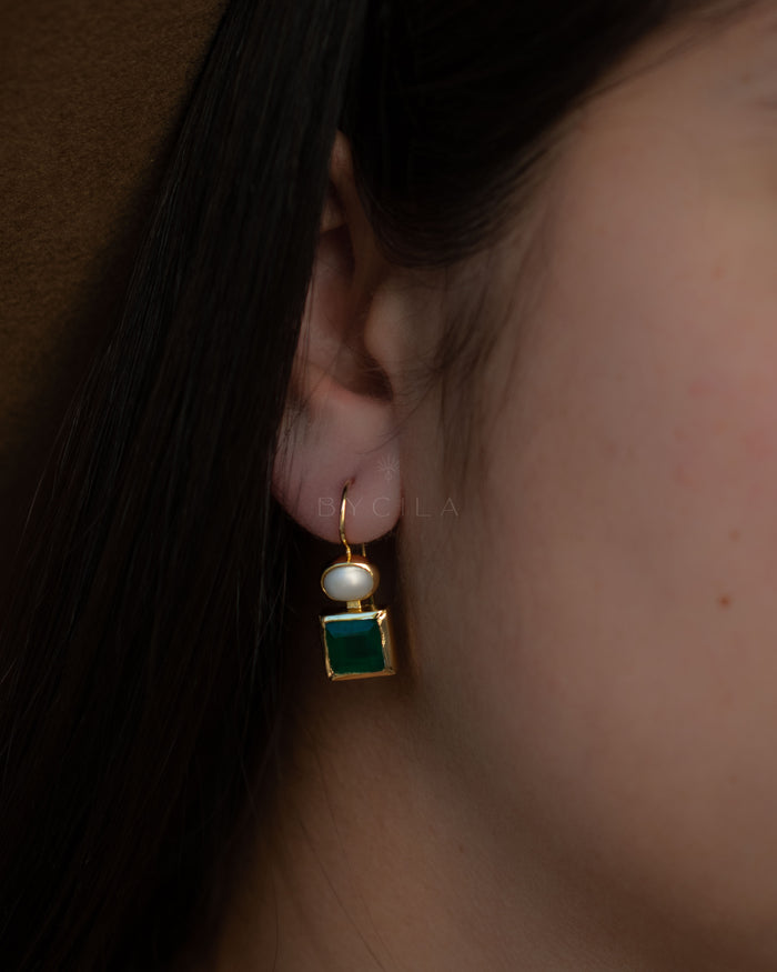 Faby Earrings * Green Onyx & Pearl * Gold Plated 18k * BJE285