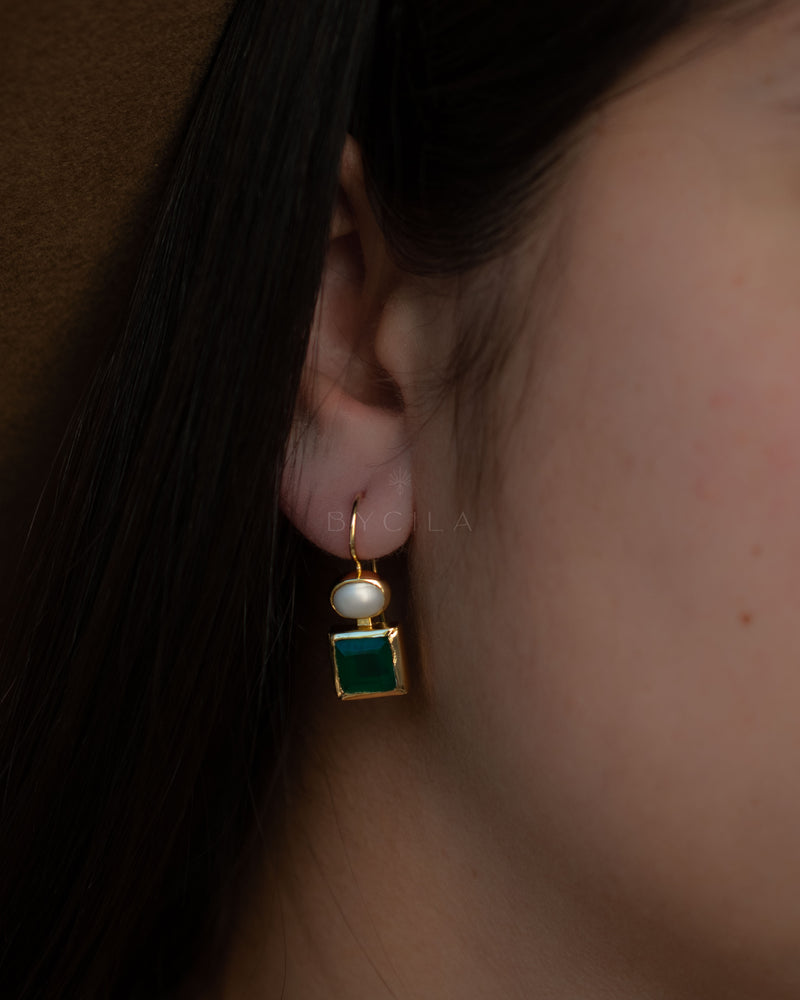 Faby Earrings * Green Onyx & Pearl * Gold Plated 18k * BJE285