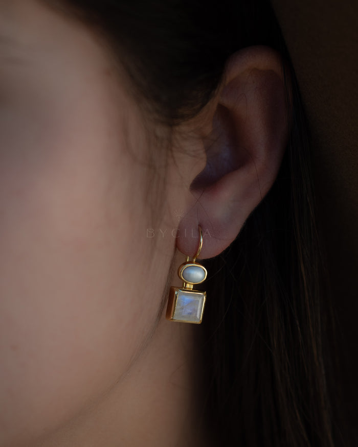 Faby Earrings * Moonstone & Pearl * Gold Plated 18k * BJE284
