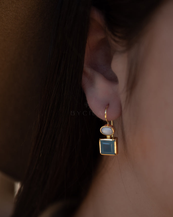 Faby Earrings * Blue Chalcedony & Pearl * Gold Plated 18k * BJE283
