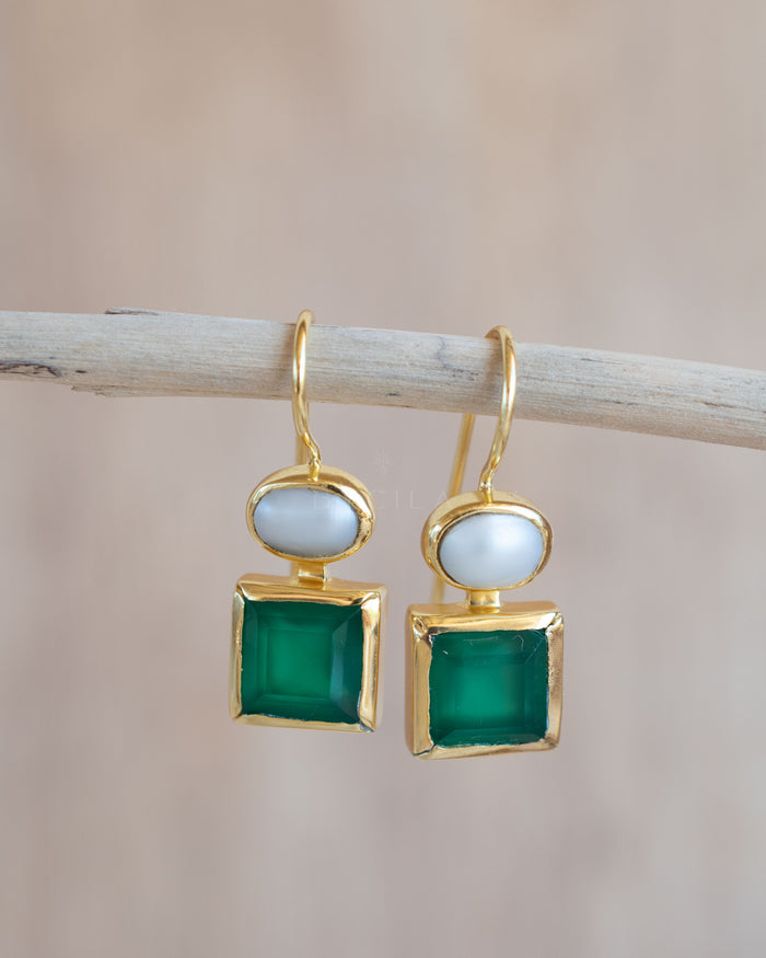 Faby Earrings * Green Onyx & Pearl * Gold Plated 18k * BJE285