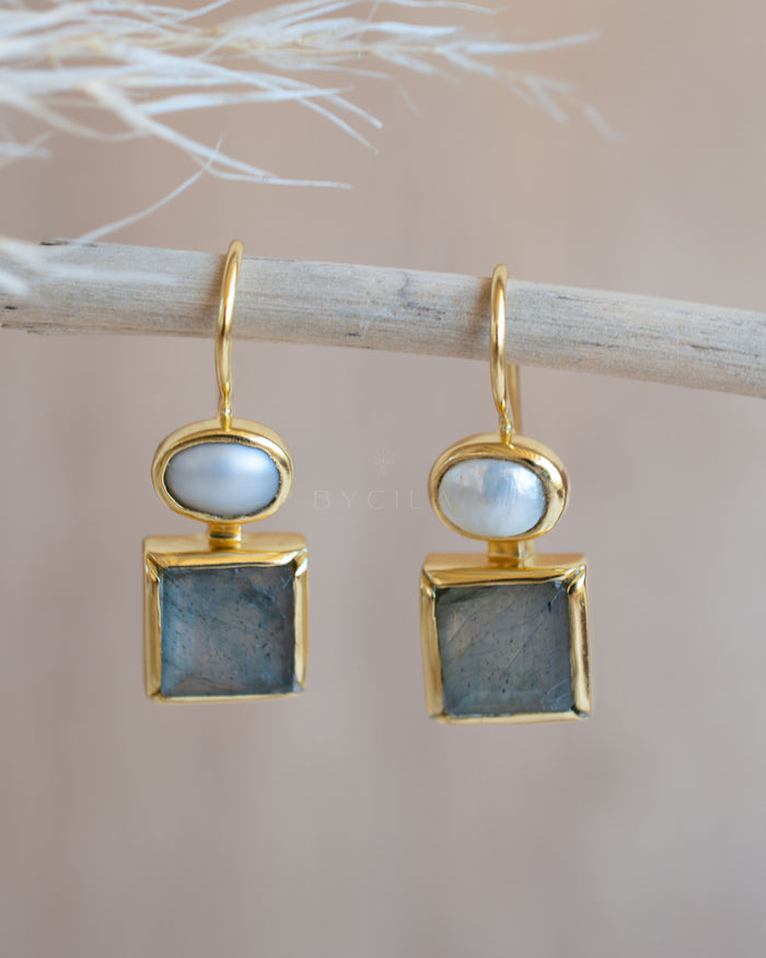 Faby Earrings * Labradorite & Pearl * Gold Plated 18k * BJE282