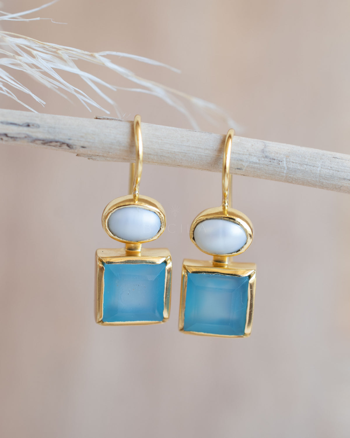 Faby Earrings * Blue Chalcedony & Pearl * Gold Plated 18k * BJE283