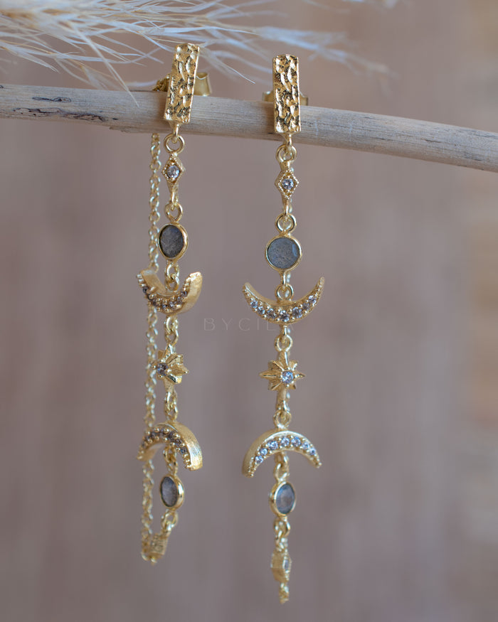 Half Moon Labradorite & Cubic Zirconia Earrings * Gold Plated 18k * BJE226
