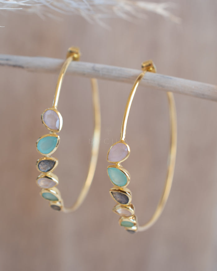 Nati Earrings * Labradorite, Aqua Chalcedony and Rose Quartz * Gold Plated 18k * BJE115