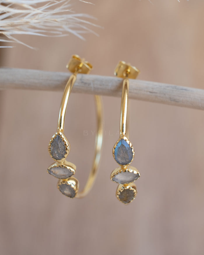 Little Yeda Earrings * Labradorite & Moonstone * Gold Plated, Silver Plated or Rose Gold Plated  * BJE274