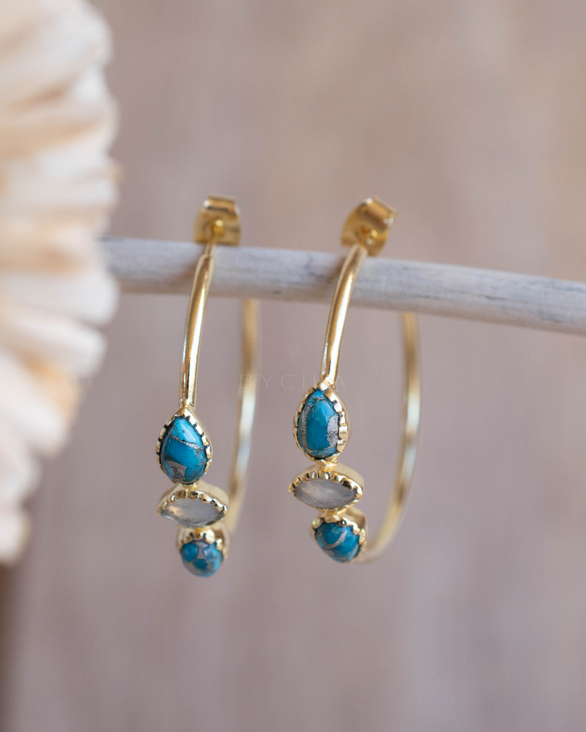 Little Yeda Earrings * Turquoise & Moonstone * Gold Plated 18k, Silver Plated or Rose Gold Plated* BJE273B