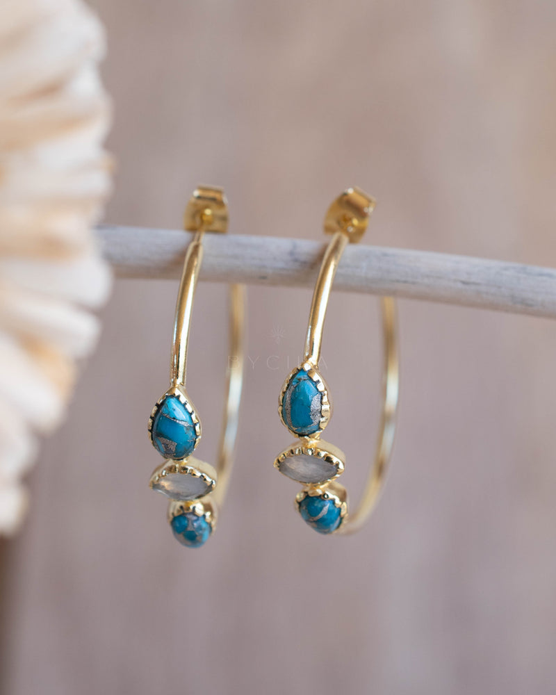Little Yeda Earrings * Turquoise & Moonstone * Gold Plated 18k, Silver Plated or Rose Gold Plated* BJE273B