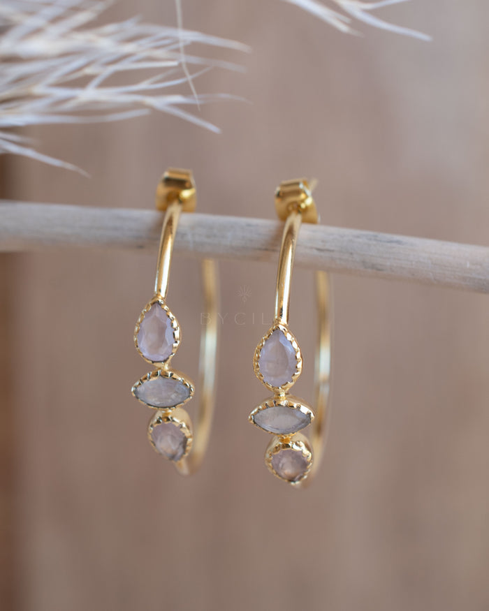 Little Yeda Hoop Earrings * Rose Quartz & Moonstone * Gold Plated 18k, Silver Plated or Rose Gold Plated * BJE275