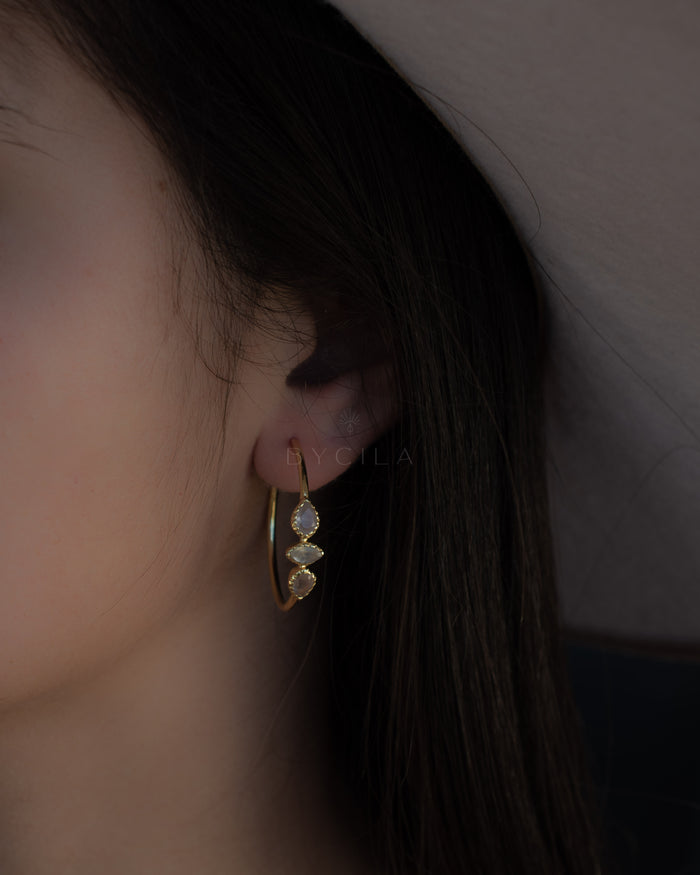 Little Yeda Hoop Earrings * Rose Quartz & Moonstone * Gold Plated 18k, Silver Plated or Rose Gold Plated * BJE275