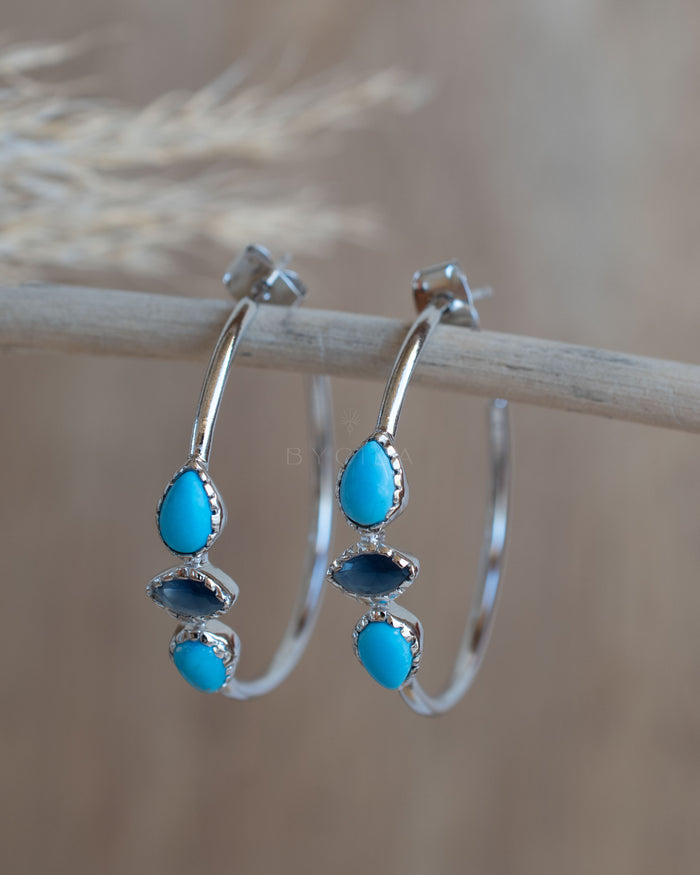 Little Yeda Hoop Earrings * Turquoise & Sapphire * Gold Plated 18k, Silver Plated or Rose Gold Plated * BJE276