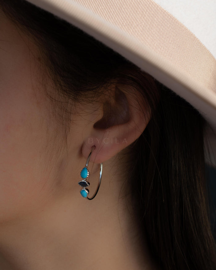 Little Yeda Hoop Earrings * Turquoise & Sapphire * Gold Plated 18k, Silver Plated or Rose Gold Plated * BJE276