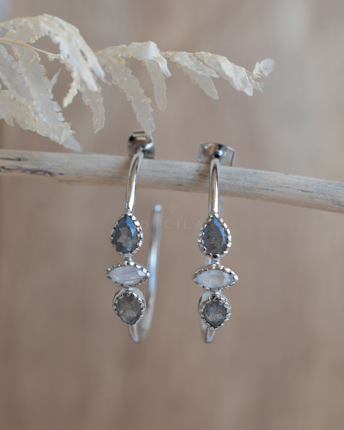Little Yeda Earrings * Labradorite & Moonstone * Gold Plated, Silver Plated or Rose Gold Plated  * BJE274B