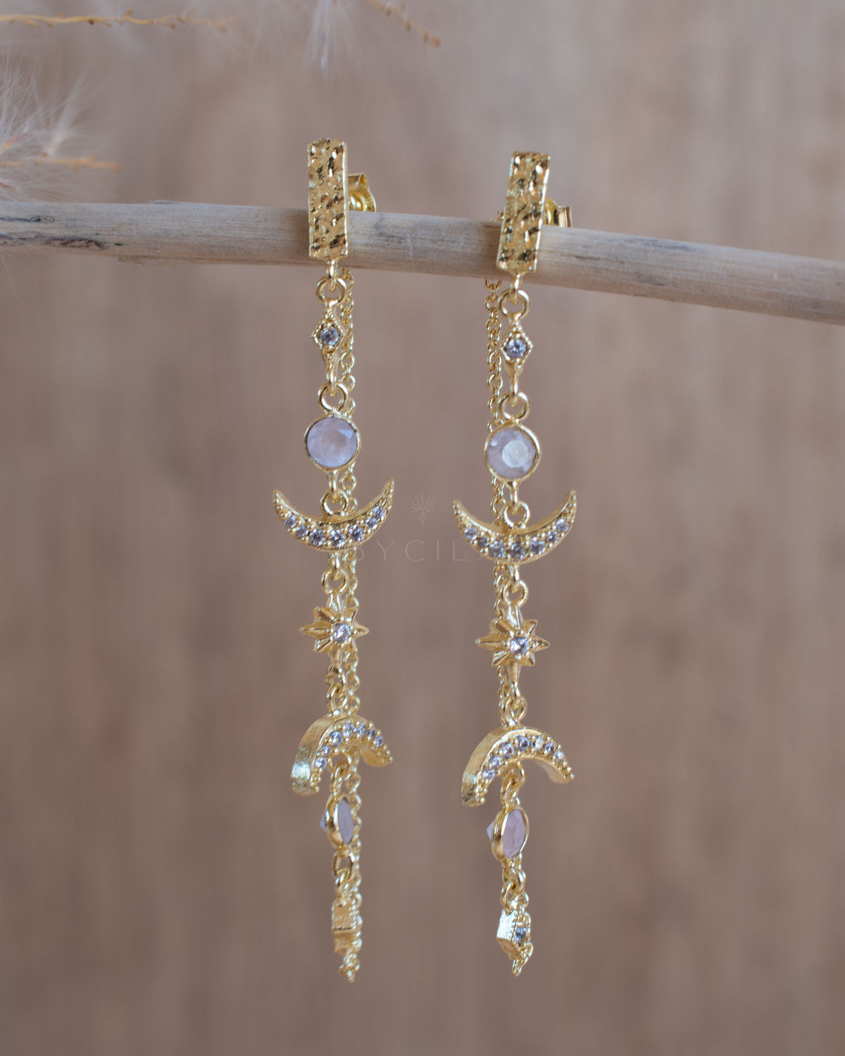 Half Moon Rose Quartz & Zirconia Earrings * Gold Plated 18k * BJE227