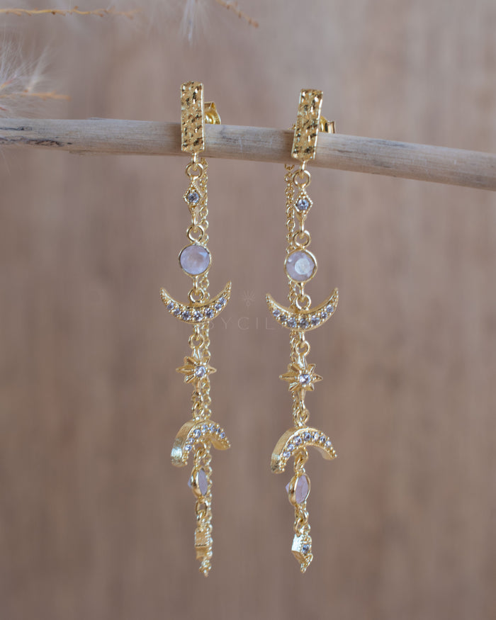 Half Moon Rose Quartz & Zirconia Earrings * Gold Plated 18k * BJE227
