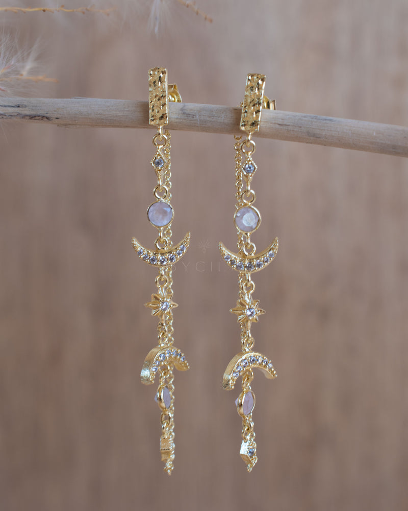Half Moon Rose Quartz & Zirconia Earrings * Gold Plated 18k * BJE227