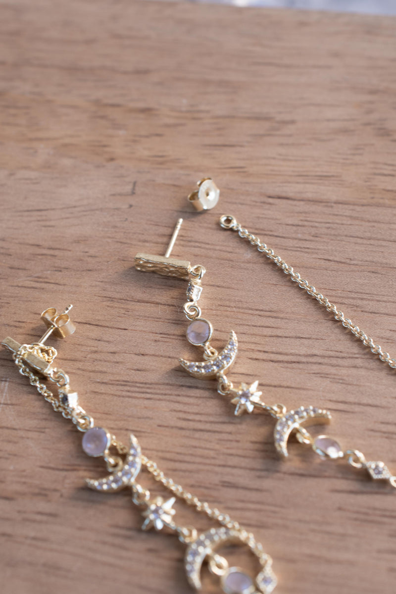 Half Moon Moonstone & Cubic Zirconia Earrings * Gold Plated 18k * BJE225