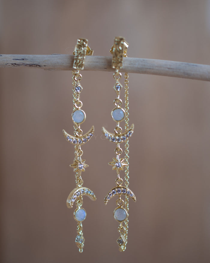 Half Moon Moonstone & Cubic Zirconia Earrings * Gold Plated 18k * BJE225