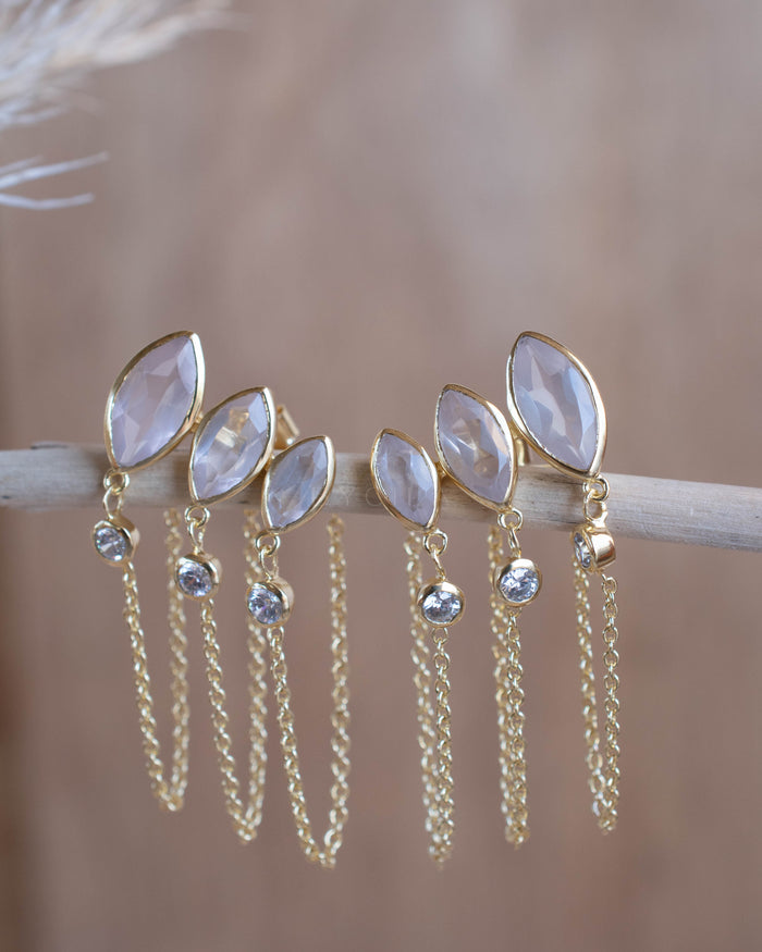 Rose Quartz & Zirconia Earrings Stud * Gold Plated 18k * BJE229