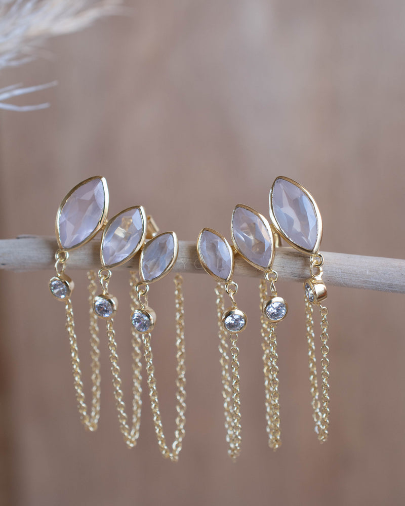 Rose Quartz & Zirconia Earrings Stud * Gold Plated 18k * BJE229