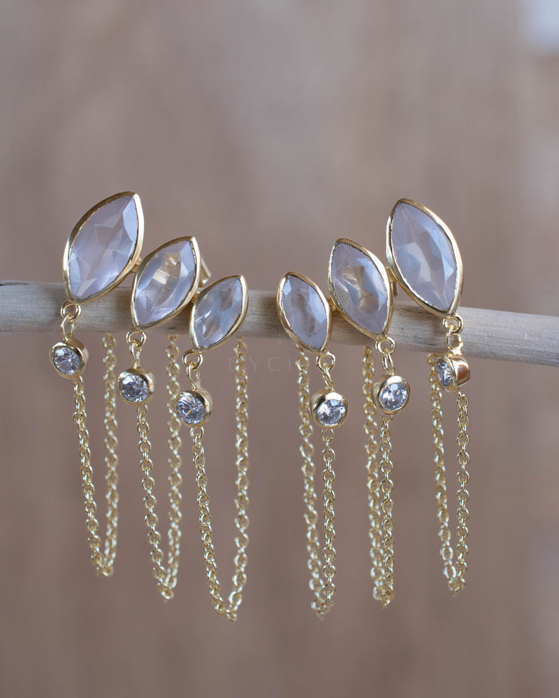Rose Quartz & Zirconia Earrings Stud * Gold Plated 18k * BJE229