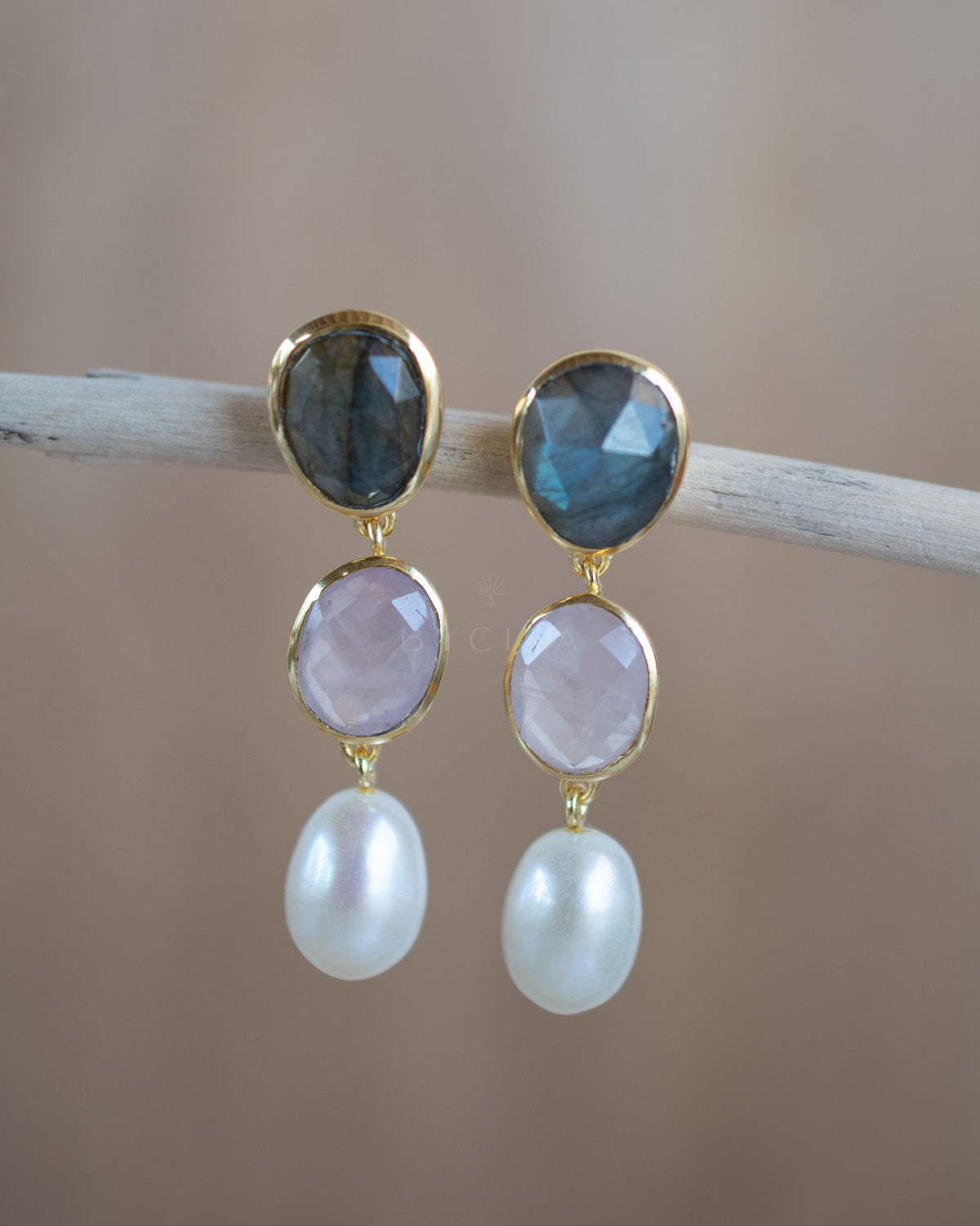 Nadja Earrings * Labradorite, Rose Quartz & Pearl * Gold Plated * BJE268