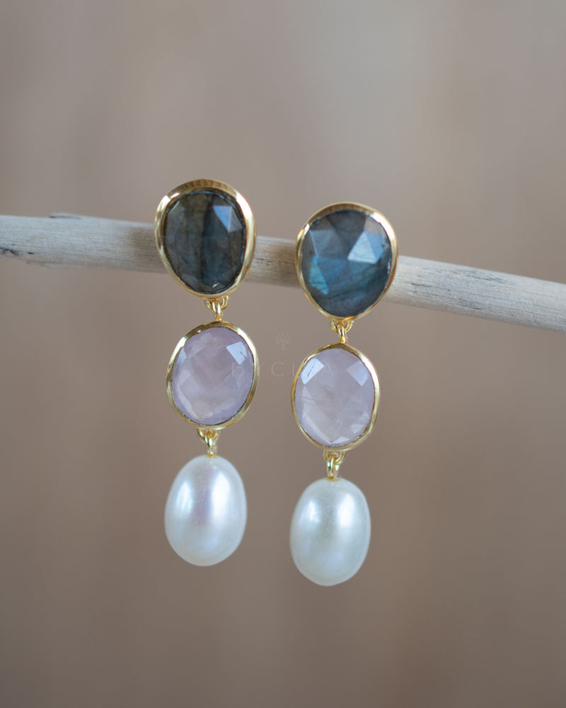 Nadja Earrings * Labradorite, Rose Quartz & Pearl * Gold Plated * BJE268