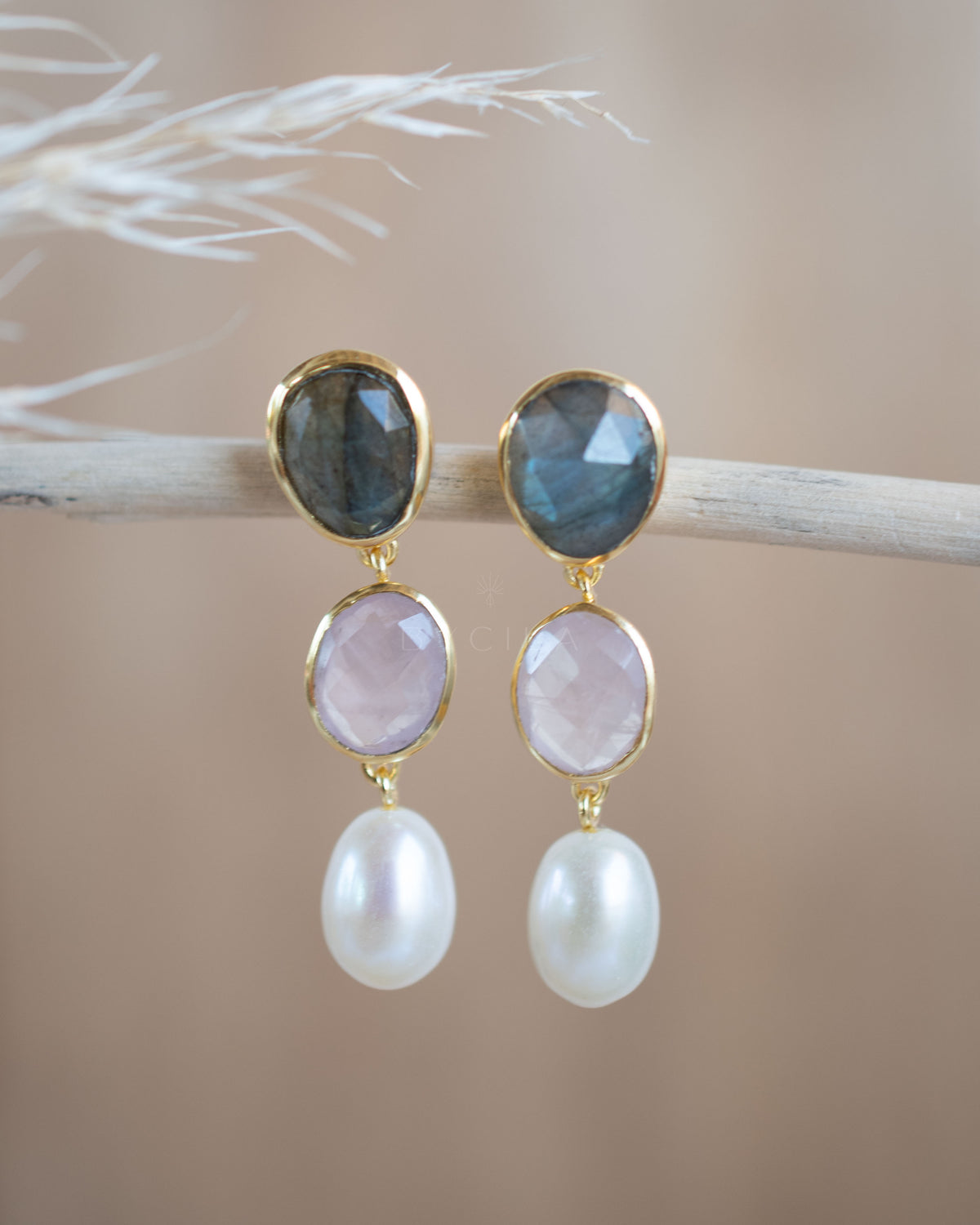 Nadja Earrings * Labradorite, Rose Quartz & Pearl * Gold Plated * BJE268