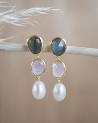 Nadja Earrings * Labradorite, Rose Quartz & Pearl * Gold Plated * BJE268