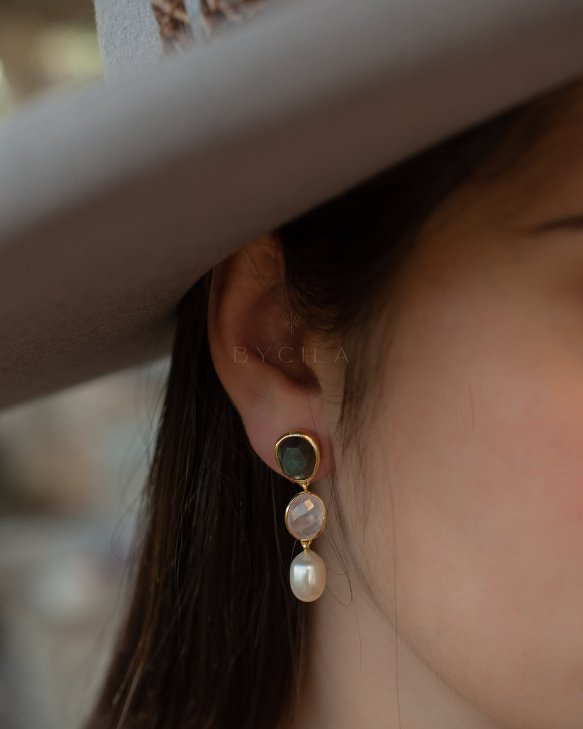 Nadja Earrings * Labradorite, Rose Quartz & Pearl * Gold Plated * BJE268