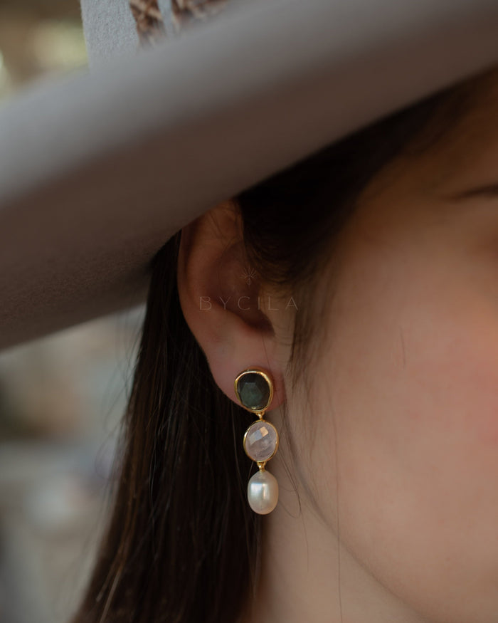 Nadja Earrings * Labradorite, Rose Quartz & Pearl * Gold Plated * BJE268