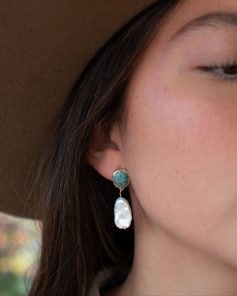 Danuza Earrings * Copper Turquoise & Pearl * Gold Plated * BJE263