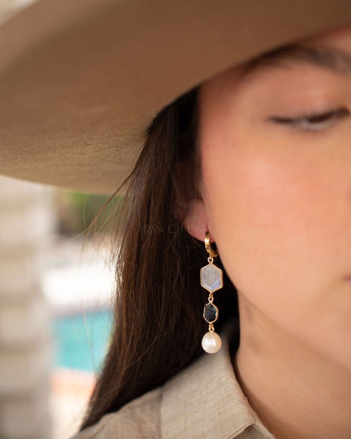 Glaucia Leverback  Earrings * Moonstone, Iolite hydro and Pearl * Gold Plated * BJE244