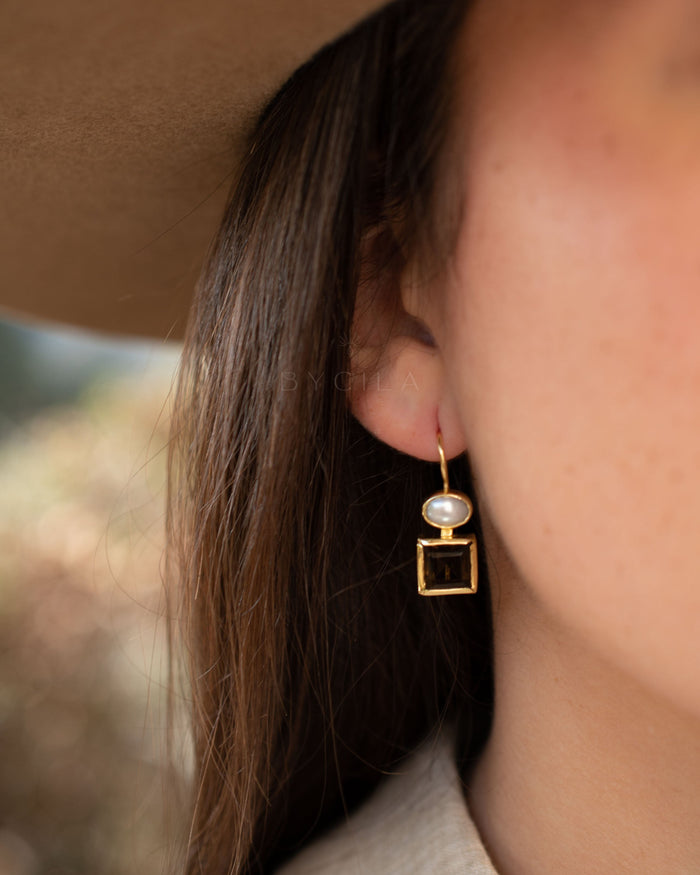 Faby Earrings * Smoky Quartz & Pearl * Gold Plated 18k * BJE287
