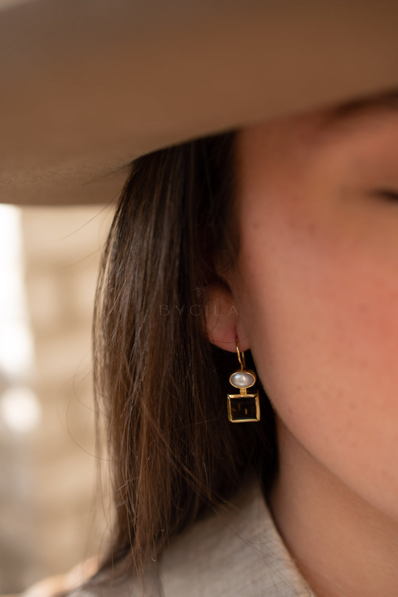 Faby Earrings * Smoky Quartz & Pearl * Gold Plated 18k * BJE287