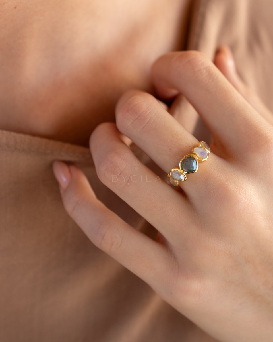 Clyne Ring * Labradorite, Moonstone & Rose Quartz * Gold Plated 18k * BJR151