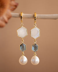 Glaucia Leverback  Earrings * Moonstone, Iolite hydro and Pearl * Gold Plated * BJE244