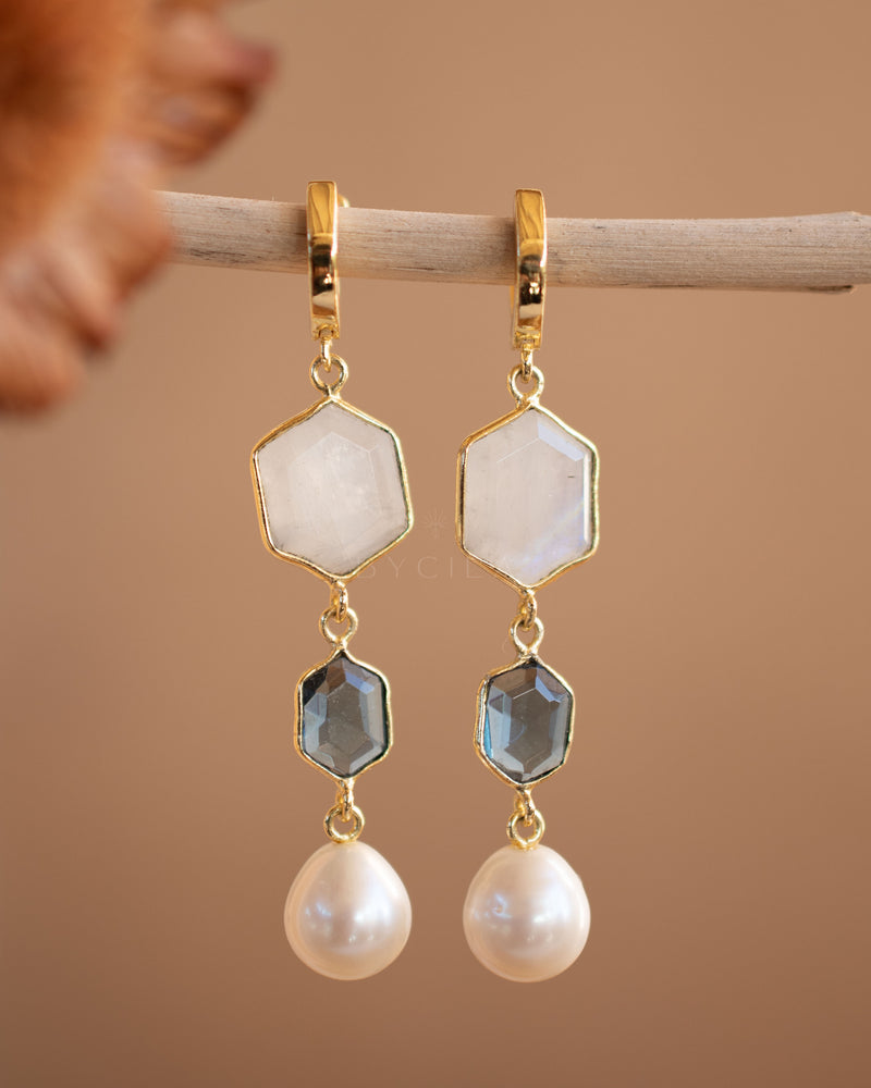 Glaucia Leverback  Earrings * Moonstone, Iolite hydro and Pearl * Gold Plated * BJE244