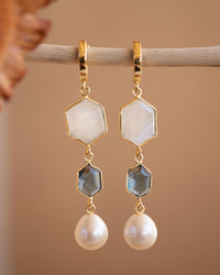 Glaucia Leverback  Earrings * Moonstone, Iolite hydro and Pearl * Gold Plated * BJE244