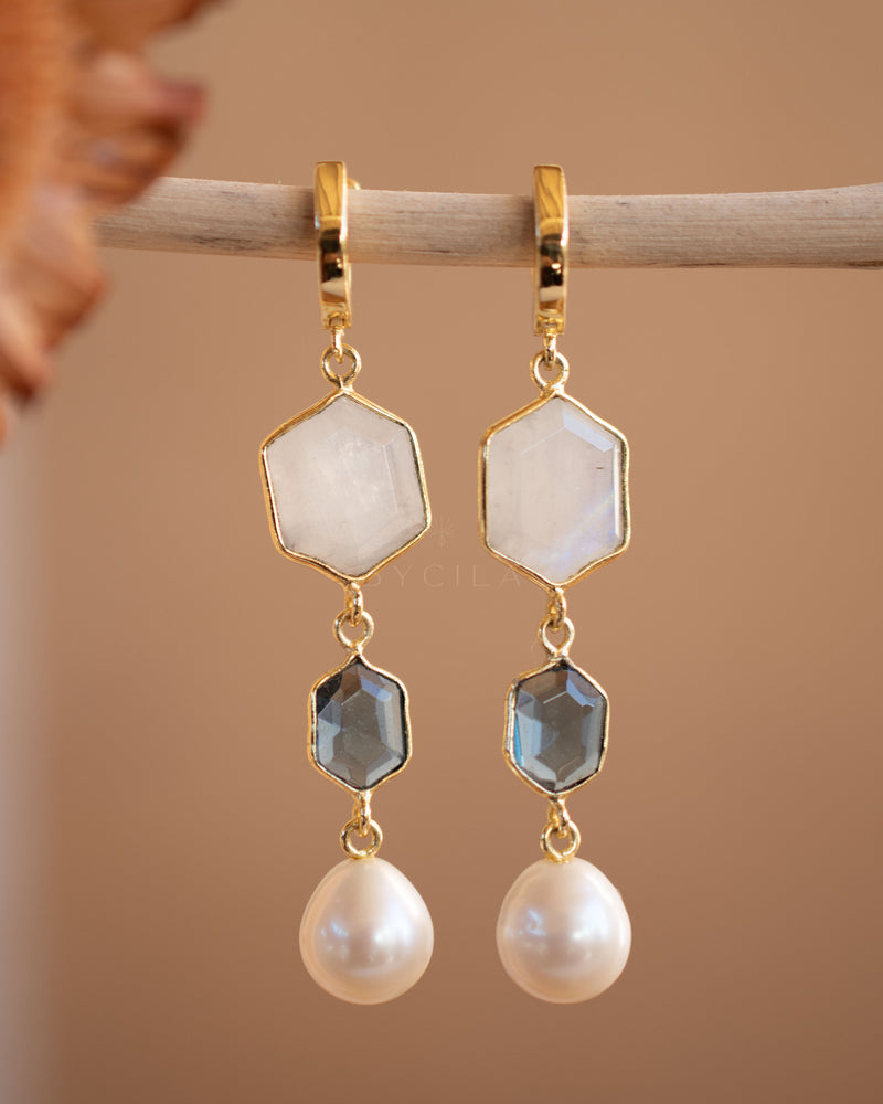 Glaucia Leverback  Earrings * Moonstone, Iolite hydro and Pearl * Gold Plated * BJE244
